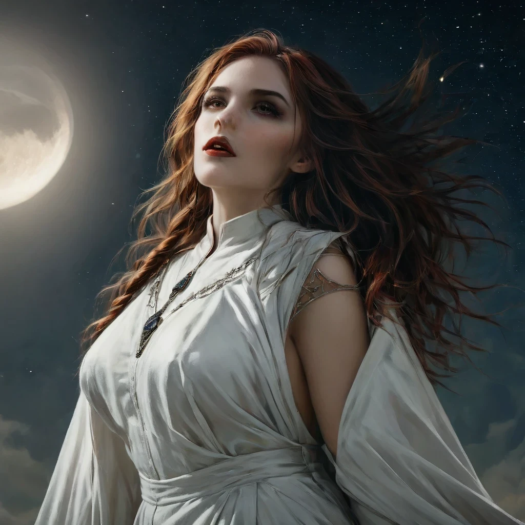 a picture of an exquisite beautiful female (nun: 1.3) vampire standing under the starry night sky on the porch of her monastary, action shot, dynamic angle (ultra detailed, Masterpiece, best quality), ultra detailed face (ultra detailed, Masterpiece, best quality), ultra feminine, (pale skin: 1.3), red hair, wavy hair, dynamic eyes color, cold eyes, glowing eyes, intense eyes, dark red lips, [fangs], wearing white nun habit (ultra detailed, Masterpiece, best quality), wearing blue cloak (ultra detailed, Masterpiece, best quality), long cloak, flowing cloak (ultra detailed, Masterpiece, best quality), wearing high heeled boots, sky full of stars background, moon, bats flying about, action shot, high details, best quality, 16k, [ultra detailed], masterpiece, best quality, (ultra detailed), full body, ultra wide shot, photorealism, dark fantasy art, dark fantasy art, gothic art, many stars, dark fantasy art, gothic art, sense of dread, bloodmagic