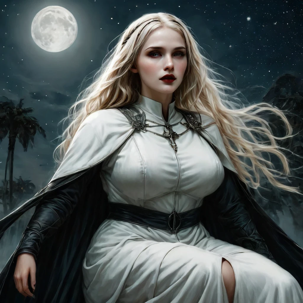 a picture of an exquisite beautiful female (nun: 1.3) vampire standing under the starry night sky on the porch of her monastary, action shot, dynamic angle (ultra detailed, Masterpiece, best quality), ultra detailed face (ultra detailed, Masterpiece, best quality), ultra feminine, (pale skin: 1.3), red hair, wavy hair, dynamic eyes color, cold eyes, glowing eyes, intense eyes, dark red lips, [fangs], wearing white nun habit (ultra detailed, Masterpiece, best quality), wearing blue cloak (ultra detailed, Masterpiece, best quality), long cloak, flowing cloak (ultra detailed, Masterpiece, best quality), wearing high heeled boots, sky full of stars background, moon, bats flying about, action shot, high details, best quality, 16k, [ultra detailed], masterpiece, best quality, (ultra detailed), full body, ultra wide shot, photorealism, dark fantasy art, dark fantasy art, gothic art, many stars, dark fantasy art, gothic art, sense of dread, bloodmagic