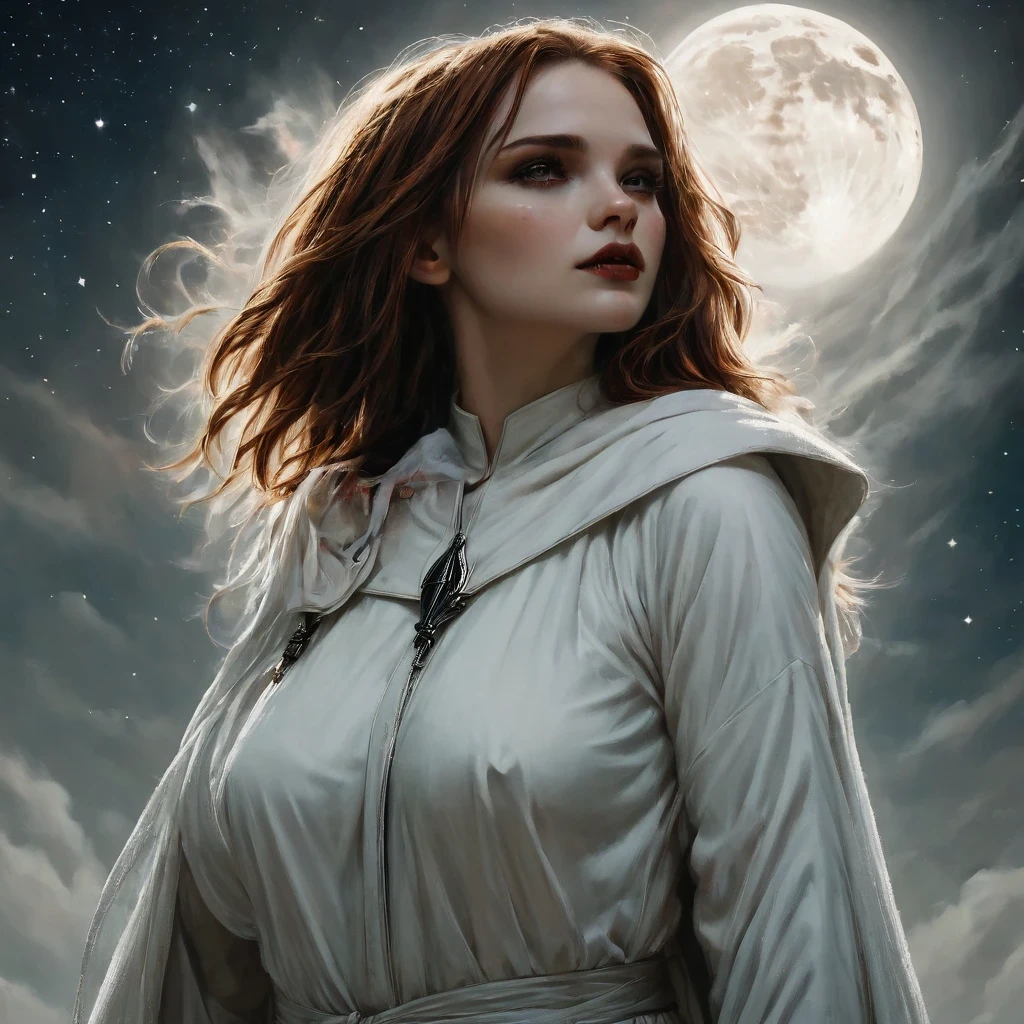 a picture of an exquisite beautiful female (nun: 1.3) vampire standing under the starry night sky on the porch of her monastary, action shot, dynamic angle (ultra detailed, Masterpiece, best quality), ultra detailed face (ultra detailed, Masterpiece, best quality), ultra feminine, (pale skin: 1.3), red hair, wavy hair, dynamic eyes color, cold eyes, glowing eyes, intense eyes, dark red lips, [fangs], wearing white nun habit (ultra detailed, Masterpiece, best quality), wearing blue cloak (ultra detailed, Masterpiece, best quality), long cloak, flowing cloak (ultra detailed, Masterpiece, best quality), wearing high heeled boots, sky full of stars background, moon, bats flying about, action shot, high details, best quality, 16k, [ultra detailed], masterpiece, best quality, (ultra detailed), full body, ultra wide shot, photorealism, dark fantasy art, dark fantasy art, gothic art, many stars, dark fantasy art, gothic art, sense of dread, bloodmagic