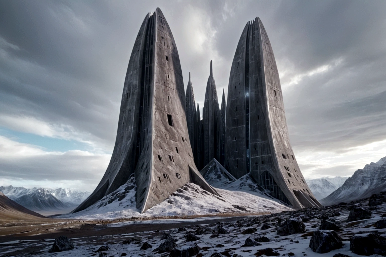 futuristic concrete fortress ON AN ALIEN PLANET STEEP AND INTRINSIC MOUNTAINS WITH SHARP ROCKS WITH SNOW AND ICE, EL CIELO TORMENTOSO APLOMADO, GRAY AND COLD HAS THE CLOUDS DESTROYED BY THE FREEZING WIND FROM THE POLE, IMAGEN HIPER REALISTA, MAXIMUM DEPTH OF FIELD, MAXIMUM HDR 4K RESOLUTION, PERSPECTIVA PERFECTA PARA fortaleza alien
