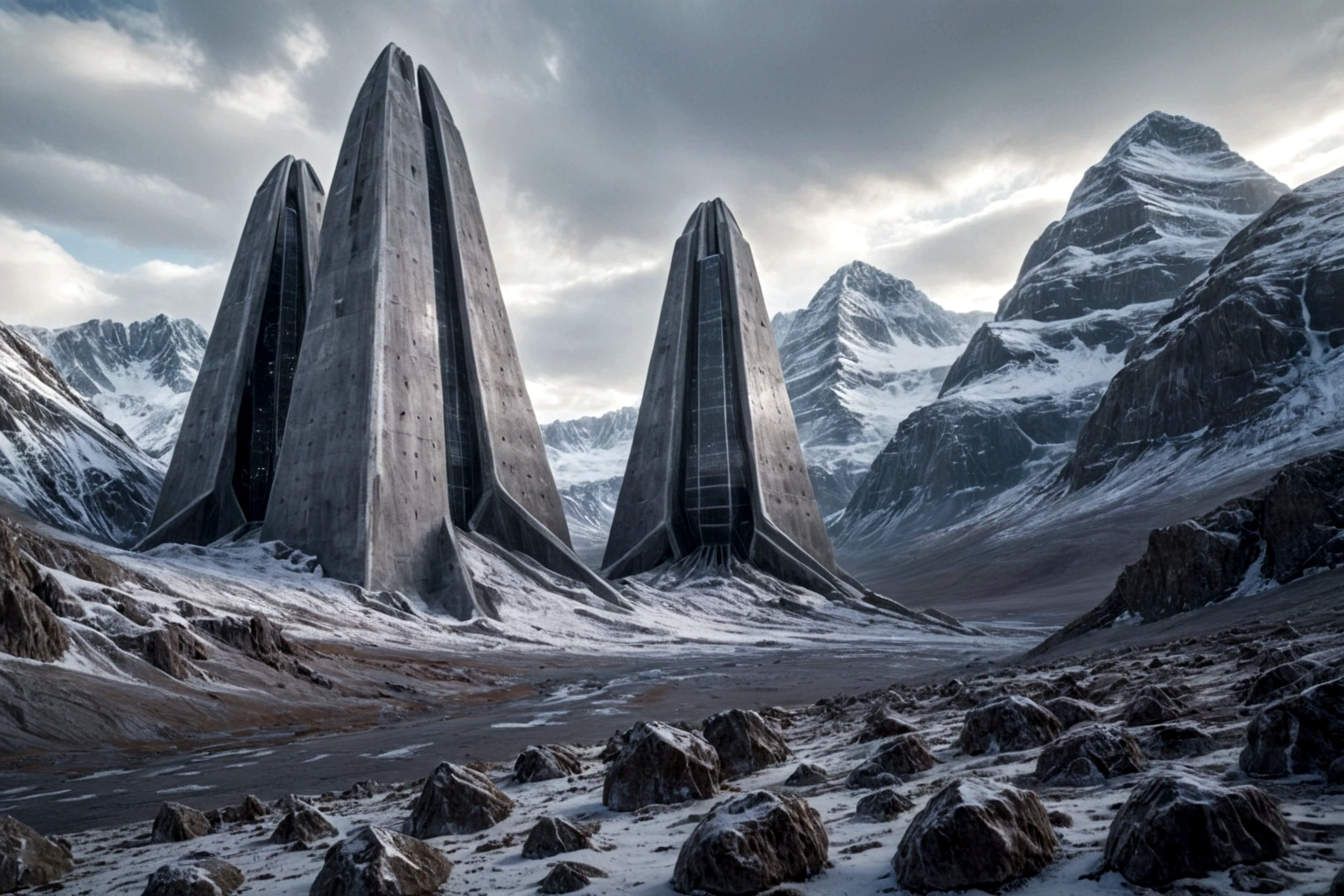 fortaleza de concreto futurista EM UM PLANETA ALIENÍGENA MONTANHAS ÍNGREMES E INTRÍNSECAS COM ROCHAS AFIADAS COM NEVE E GELO, O CÉU TEMPESTHOSO PLUMBADO, CINZENTO E FRIO TEM AS NUVENS DESTRUÍDAS PELO VENTO CONGELANTE DO PÓLO, IMAGEM HIPER REALÍSTICA, PROFUNDIDADE MÁXIMA DE CAMPO, RESOLUÇÃO MÁXIMA HDR 4K, PERSPECTIVA PERFEITA PARA Fortaleza Alienígena
