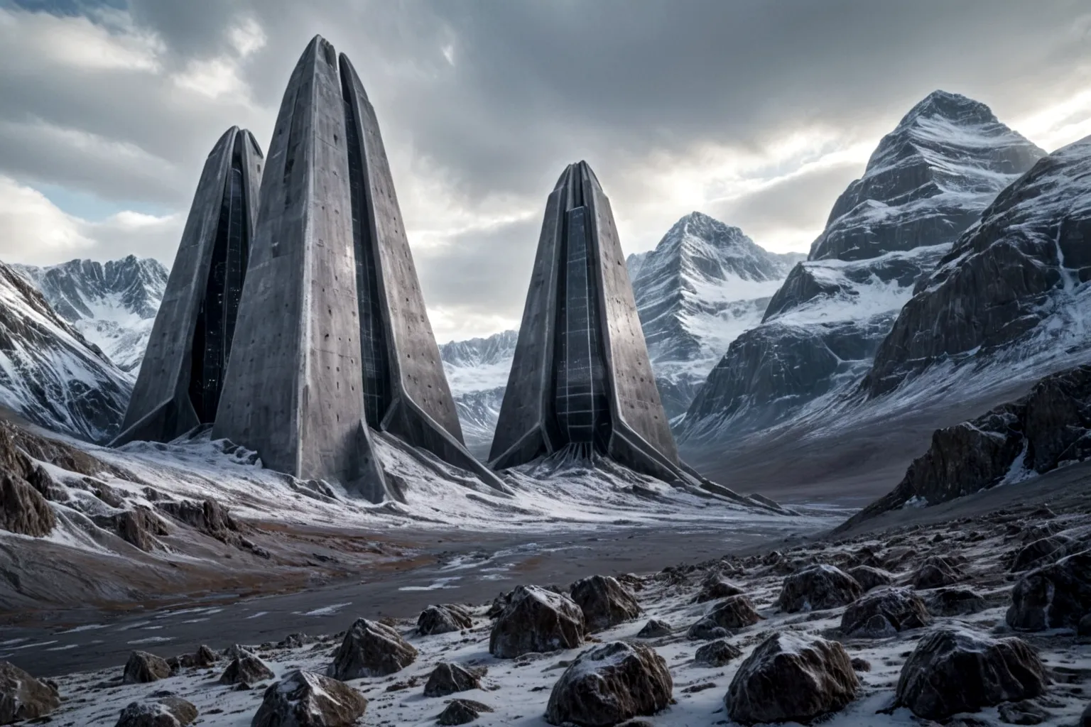 futuristic concrete fortress ON AN ALIEN PLANET STEEP AND INTRINSIC MOUNTAINS WITH SHARP ROCKS WITH SNOW AND ICE, EL CIELO TORME...