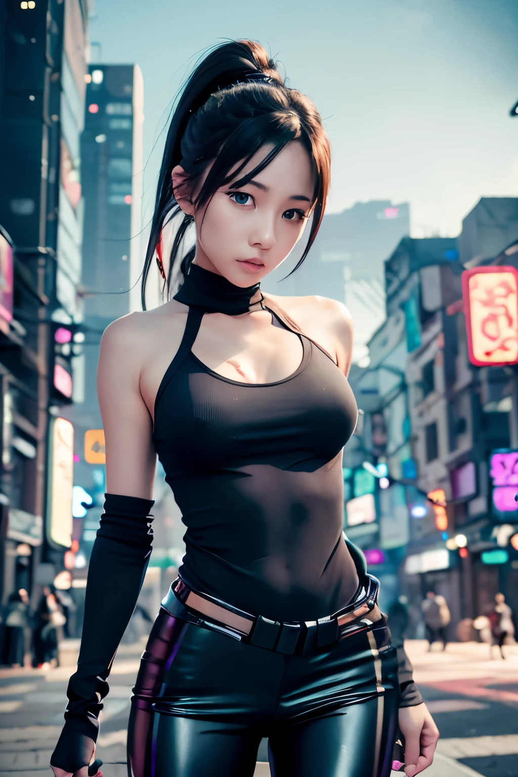 (masterpiece, best quality, 8k, sharp focus, depth of field, best shadows, perfect lights, HDR, realistic skin texture, hyper detailed background), Anime style, Long Angle Shot, ((CYBERPUNK THEME)), solo, 1 woman, she is a mercenary, (green eyes, white skin, black hair with ponytail, choker, small breasts, slim, makeup, Eyeliner, gloss), she is doing a job on a futuristic korean city, holding a Tech-katana with a strong grip, night, sky, waning moon, wearing a nice tech-jacket and leather pants.