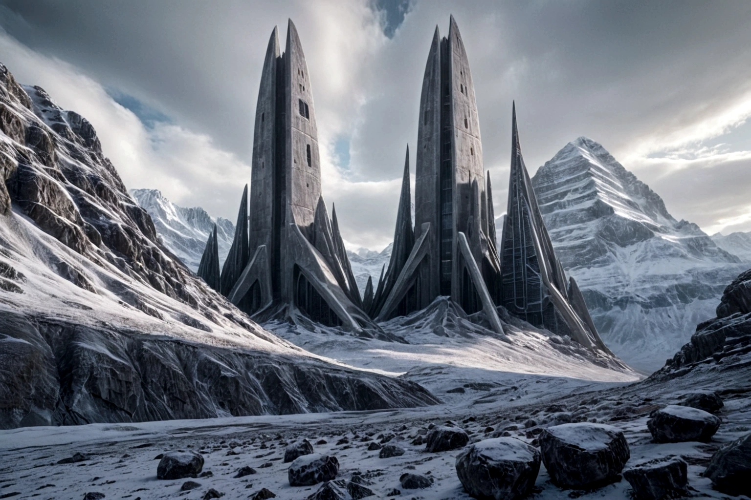 futuristic concrete fortress ON AN ALIEN PLANET STEEP AND INTRINSIC MOUNTAINS WITH SHARP ROCKS WITH SNOW AND ICE, EL CIELO TORMENTOSO APLOMADO, GRAY AND COLD HAS THE CLOUDS DESTROYED BY THE FREEZING WIND FROM THE POLE, IMAGEN HIPER REALISTA, MAXIMUM DEPTH OF FIELD, MAXIMUM HDR 4K RESOLUTION, PERSPECTIVA PERFECTA PARA fortaleza alien