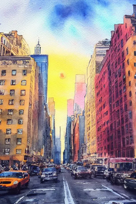 new york、Stylish、Retro、Watercolor、building、Streetscape、Sunrise、Angle from below、Light、Morning Glow、sun、Glittering cityscape