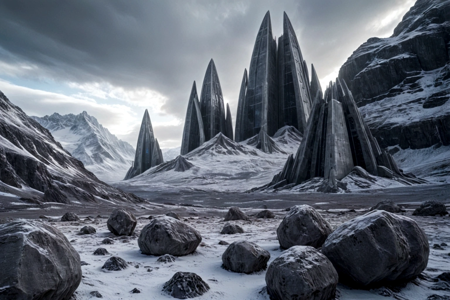 futuristic concrete fortress ON AN ALIEN PLANET STEEP AND INTRINSIC MOUNTAINS WITH SHARP ROCKS WITH SNOW AND ICE, EL CIELO TORMENTOSO APLOMADO, GRAY AND COLD HAS THE CLOUDS DESTROYED BY THE FREEZING WIND FROM THE POLE, IMAGEN HIPER REALISTA, MAXIMUM DEPTH OF FIELD, MAXIMUM HDR 4K RESOLUTION, PERSPECTIVA PERFECTA PARA fortaleza alien
