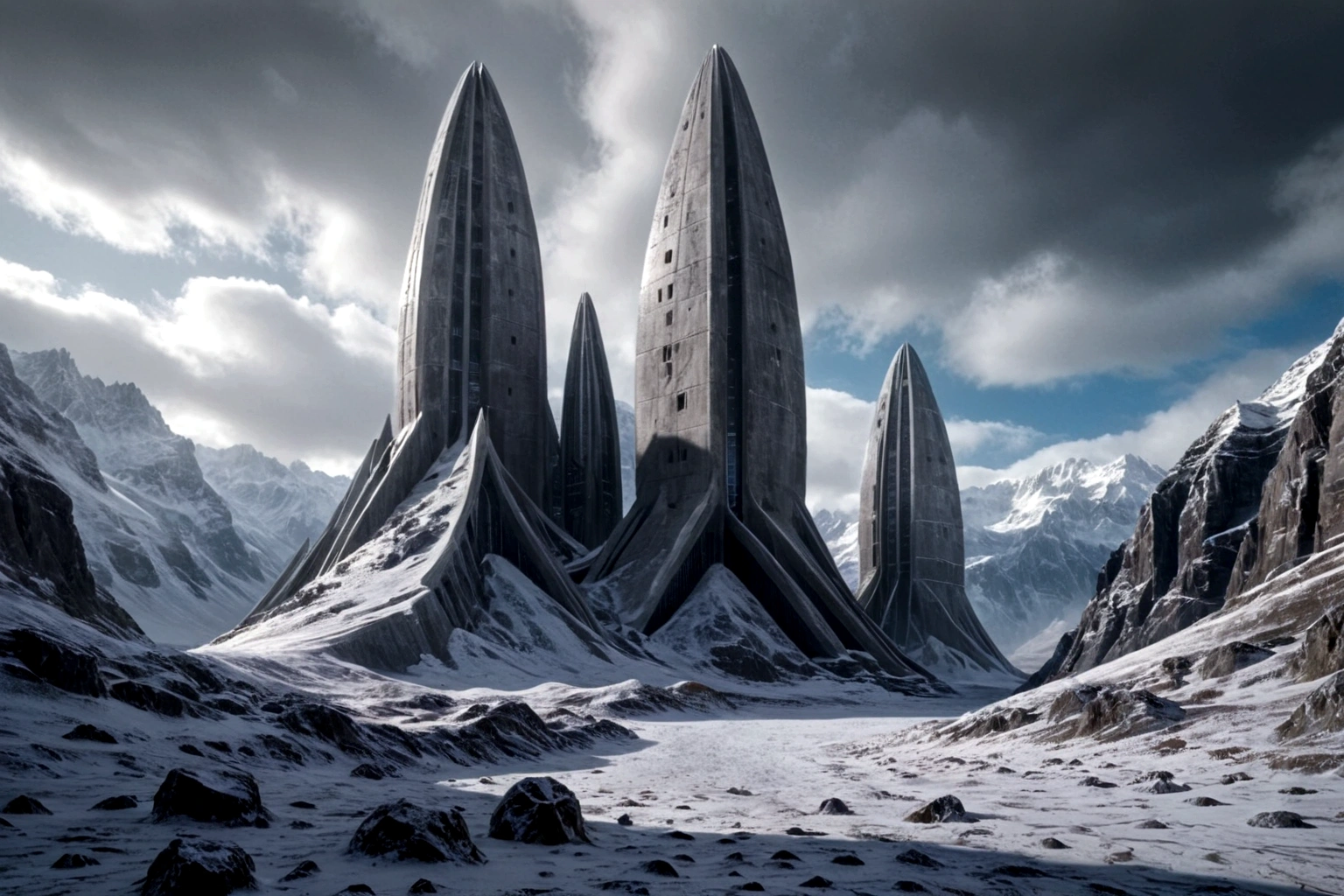 forteresse futuriste en béton SUR UNE PLANÈTE ALIEN, DES MONTAGNES RIDEES ET INTRINSÈQUES AVEC DES ROCHES POINTUES AVEC DE LA NEIGE ET DE LA GLACE, LE CIEL D&#39;ORAGE PLOMBÉ, GRIS ET FROID ONT LES NUAGES DÉTRUITS PAR LE VENT GLACIAL DU PÔLE, IMAGE HYPER RÉALISTE, PROFONDEUR MAXIMALE DE CHAMP, RÉSOLUTION MAXIMALE HDR 4K, PERSPECTIVE PARFAITE POUR Alien Fortress
