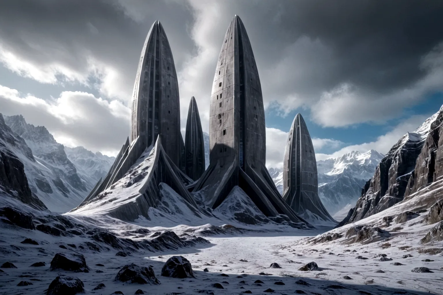 futuristic concrete fortress ON AN ALIEN PLANET STEEP AND INTRINSIC MOUNTAINS WITH SHARP ROCKS WITH SNOW AND ICE, EL CIELO TORME...