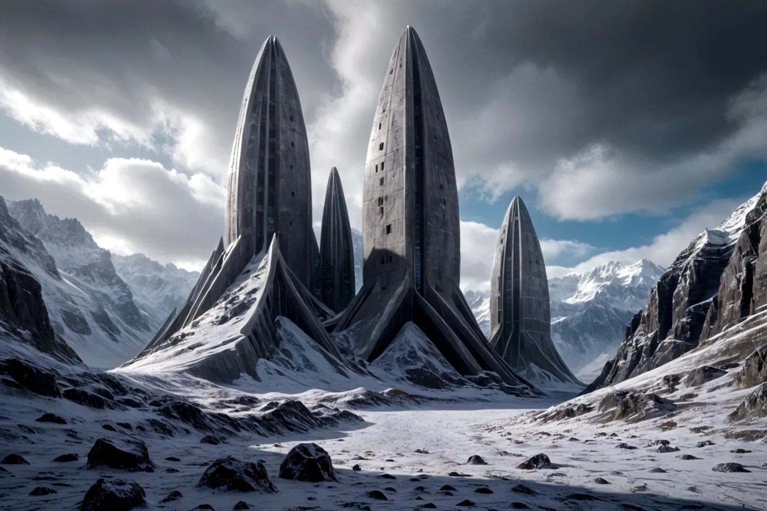 futuristic concrete fortress on an alien planet steep and intrinsic mountains with sharp rocks with snow and ice, el cielo torme...