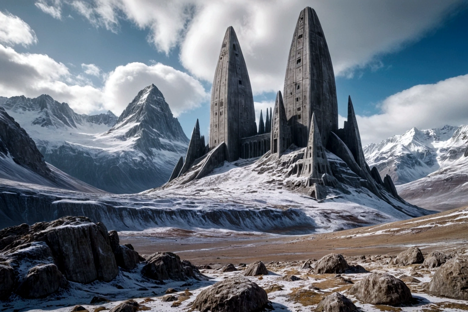 futuristic concrete fortress ON AN ALIEN PLANET STEEP AND INTRINSIC MOUNTAINS WITH SHARP ROCKS WITH SNOW AND ICE, EL CIELO TORMENTOSO APLOMADO, GRAY AND COLD HAS THE CLOUDS DESTROYED BY THE FREEZING WIND FROM THE POLE, IMAGEN HIPER REALISTA, MAXIMUM DEPTH OF FIELD, MAXIMUM HDR 4K RESOLUTION, PERSPECTIVA PERFECTA PARA fortaleza alien
