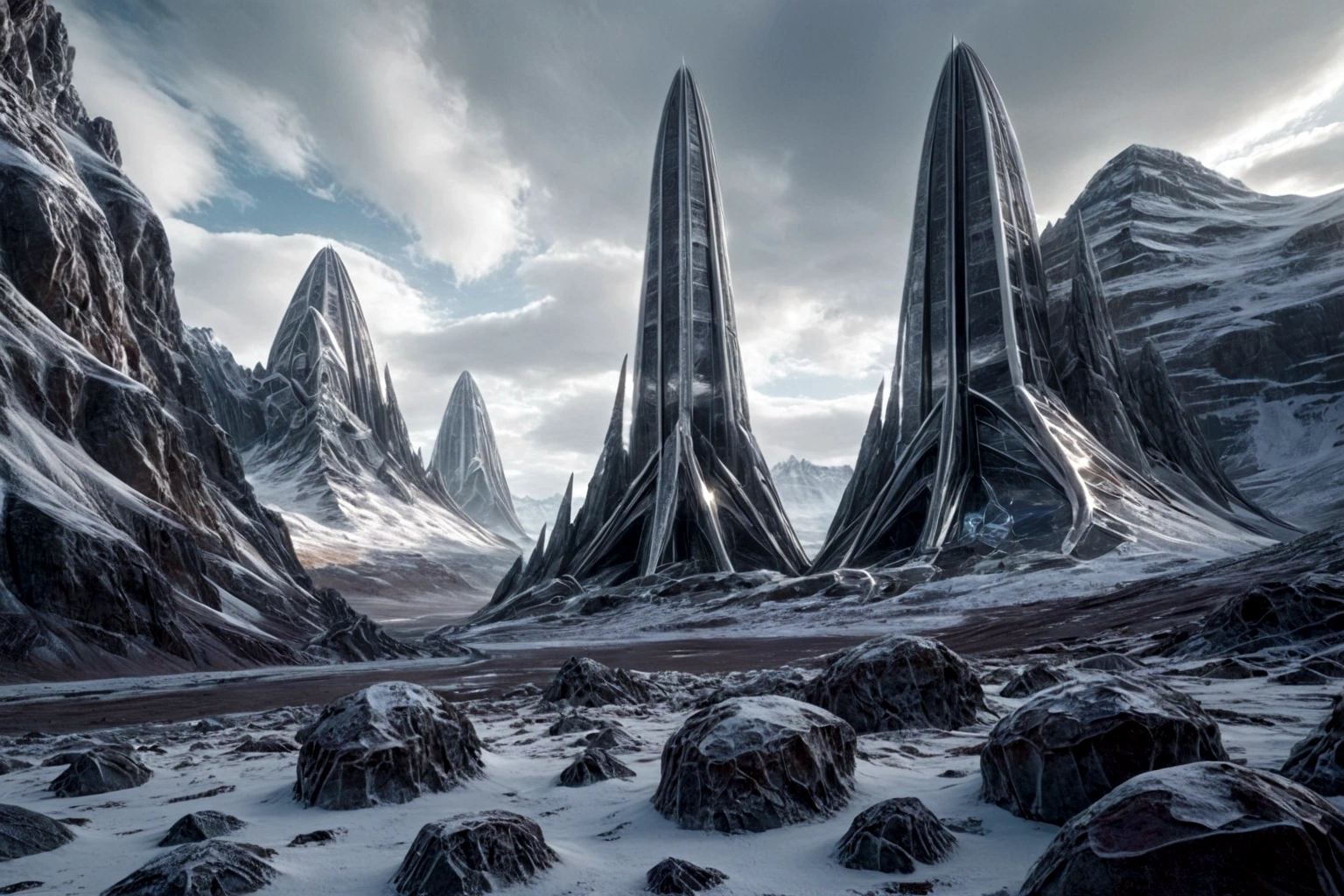 futuristic chrome fortress ON AN ALIEN PLANET STEEP AND INTRINSIC MOUNTAINS WITH SHARP ROCKS WITH SNOW AND ICE, EL CIELO TORMENTOSO APLOMADO, GRAY AND COLD HAS THE CLOUDS DESTROYED BY THE FREEZING WIND FROM THE POLE, IMAGEN HIPER REALISTA, MAXIMUM DEPTH OF FIELD, MAXIMUM HDR 4K RESOLUTION, PERSPECTIVA PERFECTA PARA fortaleza CROMADA  alien
