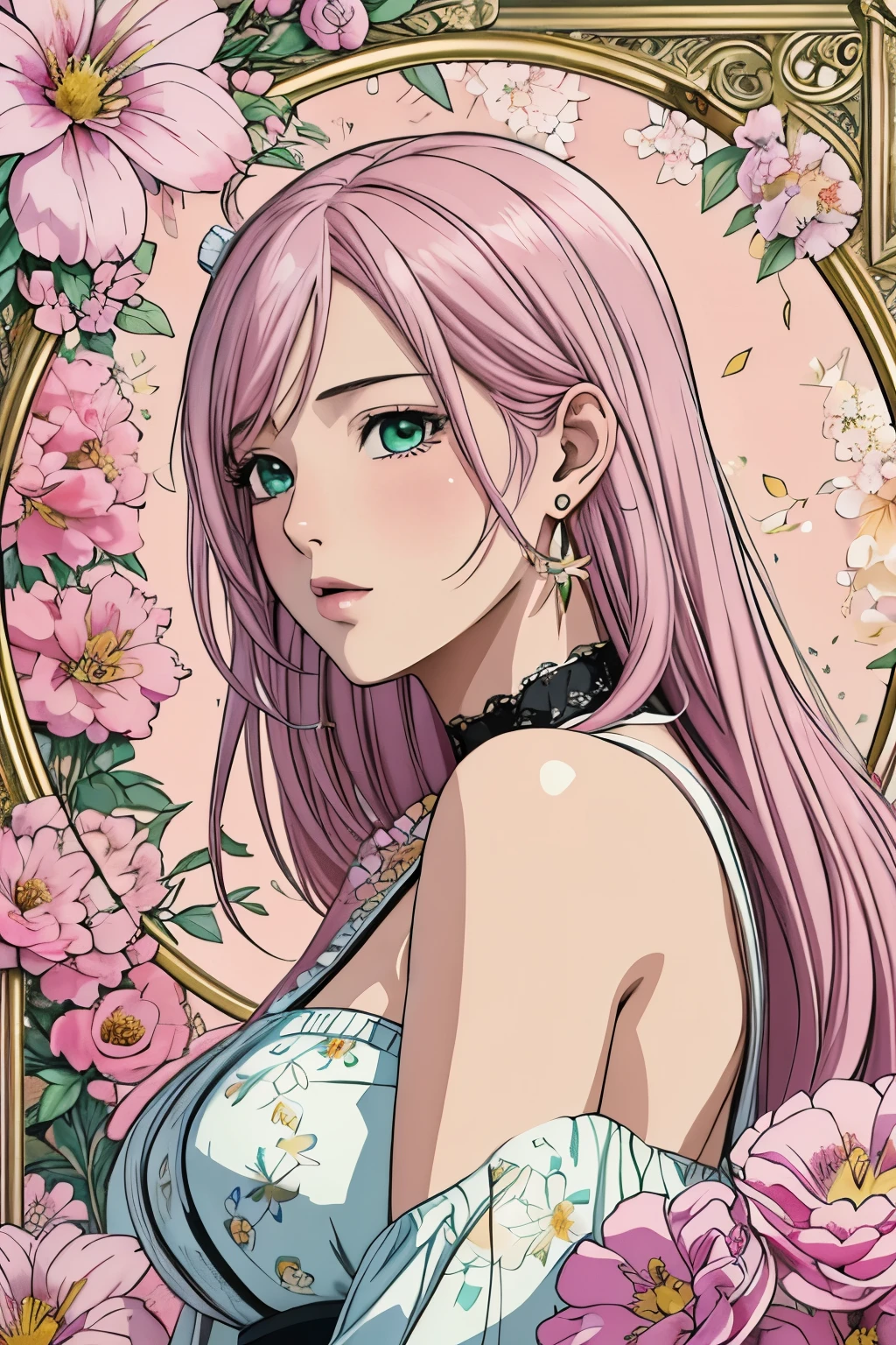 (​masterpiece, top-quality, top-quality, Official art, Beautifully Aesthetic:1.2), green eyes, (highest quality, masterpiece painting:1.3), immature woman, 16 years old, (half body shot), masterpiece, ultra high resolution, (((Flower frame, A lot of flowers in the frame, round frame, A beautiful girl fits into the frame))), Decorative panel, abstract art, (shot from a side angle), (Photoreal:1.0), ((light pink hair)),straight hair, beautiful shining hair, white and shining skin, Painterly, sketch, Texture, 超A high resolution, solo, Beautuful Women, A highly detailed, (Fractal Art:1.1), (colourfull:1.1), (florals:1.6), The most detailed, (Zentangle:1.2), (Dynamic Poses), (Abstract background:1.3), (shinny skin), (Many colors:0.8), (earrings:1.4), (pluma:0.9), Taisho romance