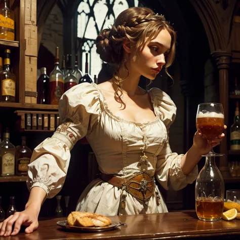 (masterpiece), (detailed), (a high resolution), (high quality), slender medieval barmaid