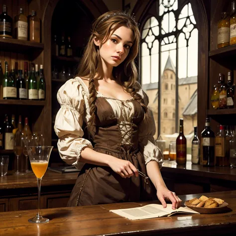 (masterpiece), (detailed), (a high resolution), (high quality), slender medieval barmaid