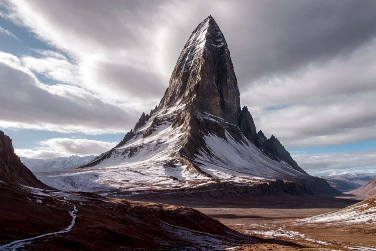 CHROME FORTRESS futuristic chrome fortress ON AN ALIEN PLANET STEEP AND INTRINSIC MOUNTAINS WITH SHARP ROCKS WITH SNOW AND ICE, EL CIELO TORMENTOSO APLOMADO, GRAY AND COLD HAS THE CLOUDS DESTROYED BY THE FREEZING WIND FROM THE POLE, IMAGEN HIPER REALISTA, MAXIMUM DEPTH OF FIELD, MAXIMUM HDR 4K RESOLUTION, PERSPECTIVA PERFECTA PARA fortaleza CROMADA alien
