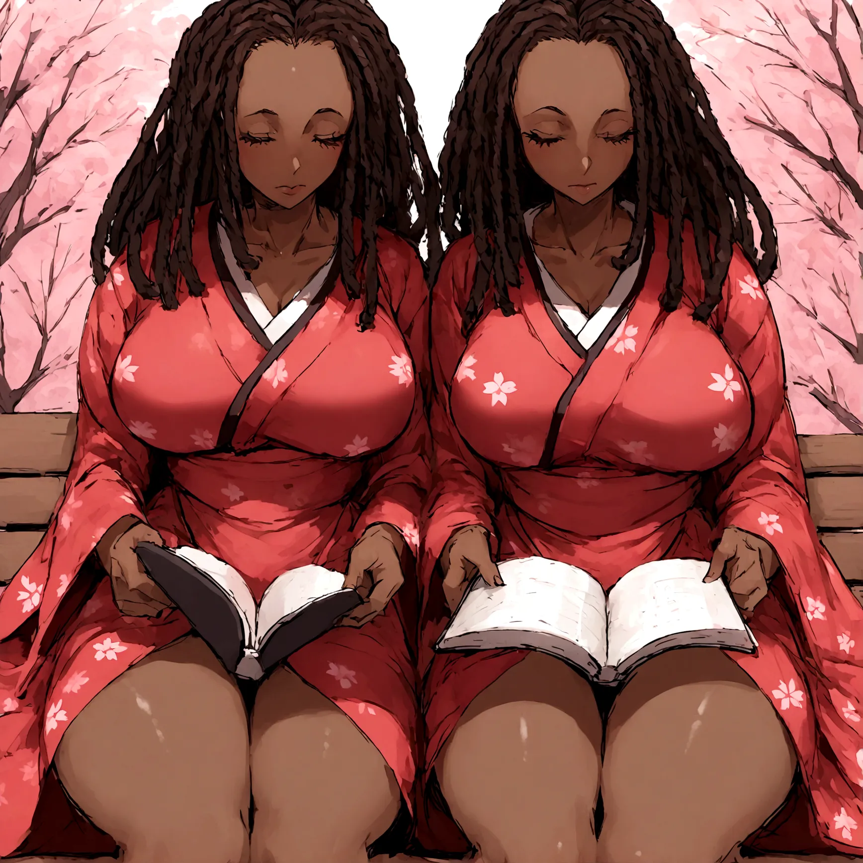 a sexy, curvy ebony skinned milf with long dreadlocks in a flowing sakura dress on a bench reading a book