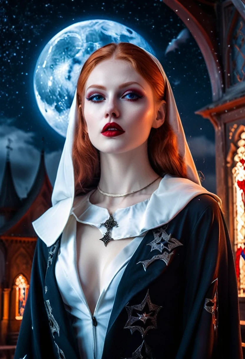 a picture of an exquisite beautiful female nun vampire standing under the starry night sky on the porch of her monastery, ultra feminine, (pale skin: 1.3), red hair, wavy hair, dynamic eyes color, cold eyes, glowing eyes, intense eyes, dark red lips, ((fangs: 1.1)), wearing (white nun tight וuniform: 1.3), wearing (blue cloak: 1.3), long cloak, flowing cloak, wearing (high heeled boots: 1.3), sky full of stars background, moon, bats flying about, action shot, high details, best quality, 16k, ((ultra detailed: 1.5)), masterpiece, best quality, portrait shot, photorealism, dark fantasy art, gothic art, many stars, sense of dread, GlowingRunesAI_red, Cinematic Hollywood Film style, ((no nudity: 1.5))