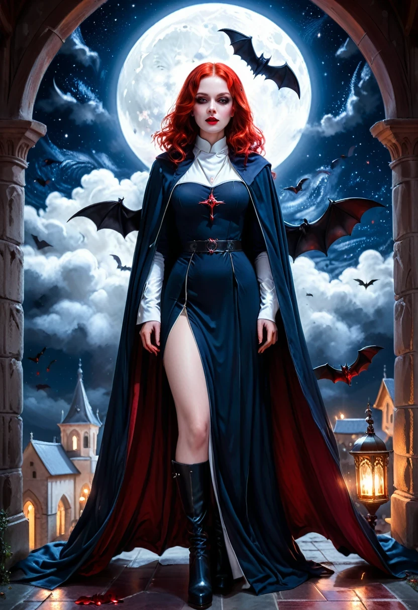 una foto de una exquisita y hermosa monja vampira parada bajo el cielo estrellado en el porche de su monasterio, ultrafemenina, (Piel pálida: 1.3), Rojo hair, pelo ondulado, color de ojos dinámico, Ojos fríos, ojos brillantes, intense eyes, dark Rojo lips, ((colmillos: 1.1)), Agotador (monja blanca apretado uniforme: 1.3), Agotador (manto azul: 1.3), manto largo, capa que fluye, Agotador (botas de tacón alto: 1.3), fondo de cielo lleno de estrellas, luna, murciélagos volando, secuencia de imágenes de algo ó alguien en movimiento, detalles altos, mejor calidad, 16k, ((ultra detallado: 1.5)), obra maestra, mejor calidad, retrato, photorealism, arte de fantasía oscura, arte gótico, muchas estrellas, sensación de pavor, Runas resplandecientesAI_Rojo, Estilo cinematográfico de Hollywood, ((sin desnudez: 1.5))