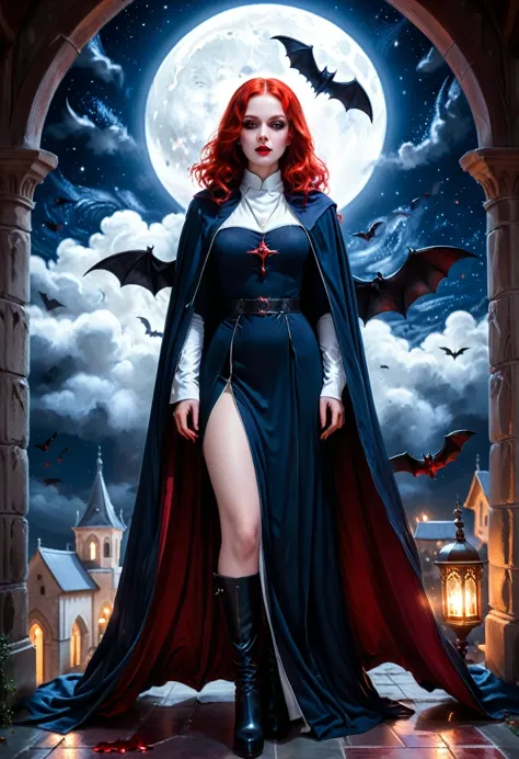 a picture of an exquisite beautiful female nun vampire standing under the starry night sky on the porch of her monastery, ultra ...