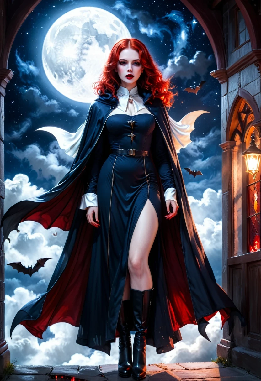 a picture of an exquisite beautiful female nun vampire standing under the starry night sky on the porch of her monastery, ultra feminine, (pale skin: 1.3), red hair, wavy hair, dynamic eyes color, cold eyes, glowing eyes, intense eyes, dark red lips, ((fangs: 1.1)), wearing (white nun tight וuniform: 1.3), wearing (blue cloak: 1.3), long cloak, flowing cloak, wearing (high heeled boots: 1.3), sky full of stars background, moon, bats flying about, action shot, high details, best quality, 16k, ((ultra detailed: 1.5)), masterpiece, best quality, portrait shot, photorealism, dark fantasy art, gothic art, many stars, sense of dread, GlowingRunesAI_red, Cinematic Hollywood Film style, ((no nudity: 1.5))