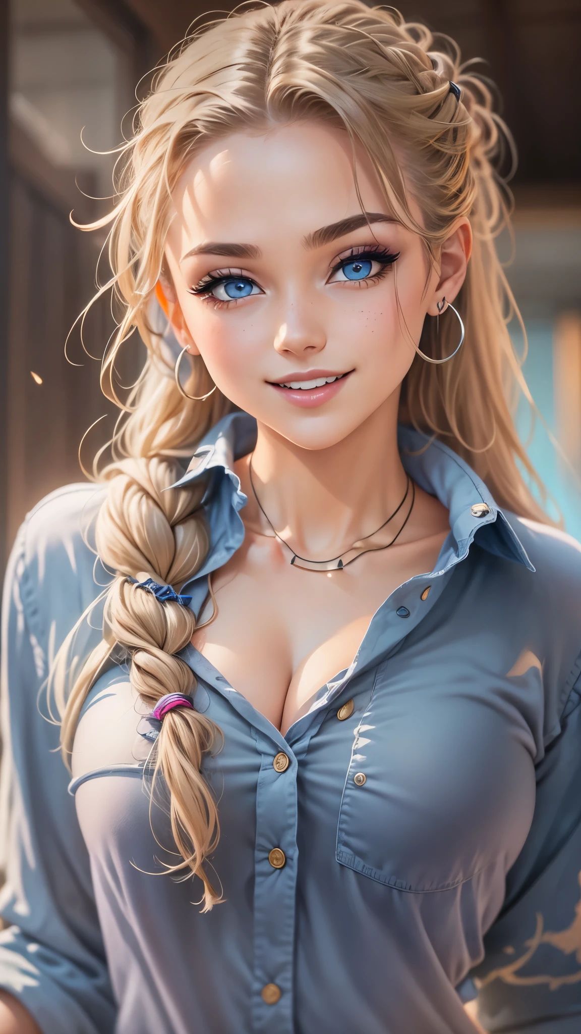 One finnish college school girl, 20 years old, wearing a , unbuttoned shirt, wearing a very short skirt, knee high socks, zoom into butt, medium blonde hair, braided pony tails, messy hair, professional make up, light freckles on her face, natural lighting, realistic illustration, medium large breasts, perfect butt, perfect breasts, blue eyes, diamond earrings, choker necklace, bracelets, nice face, soft facial features, inviting smile, exposed butt cheeks, focus on butt, looking at viewer, cute smile, butt picture, beautiful butt, bikini top, slightly open mouth, glitter makeup, eye liner, earrings, choker necklace, view from behind, big butt, sexy poses, view from below, view from under butt, looking up at butt