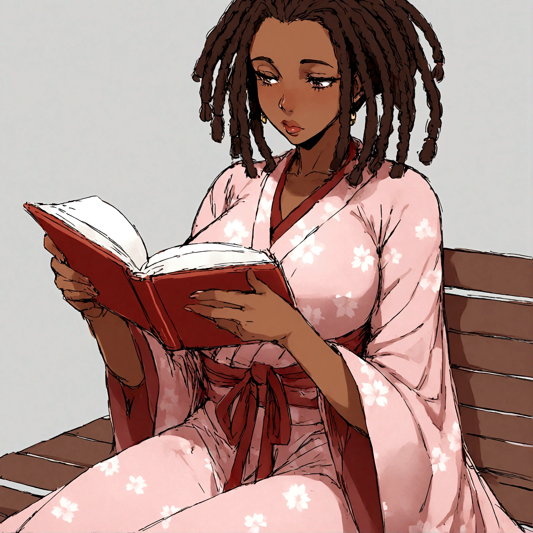 a sexy, curvy ebony skinned milf with long dreadlocks in a flowing sakura dress on a bench reading a book