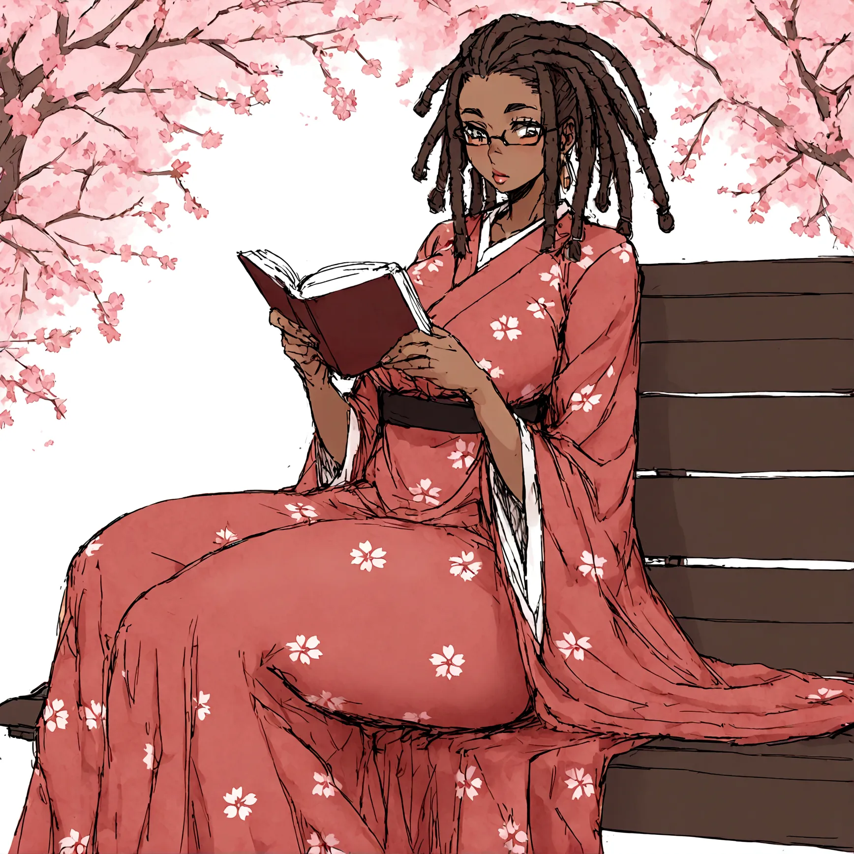 a sexy, curvy ebony skinned milf with long dreadlocks in a flowing sakura dress on a bench reading a book