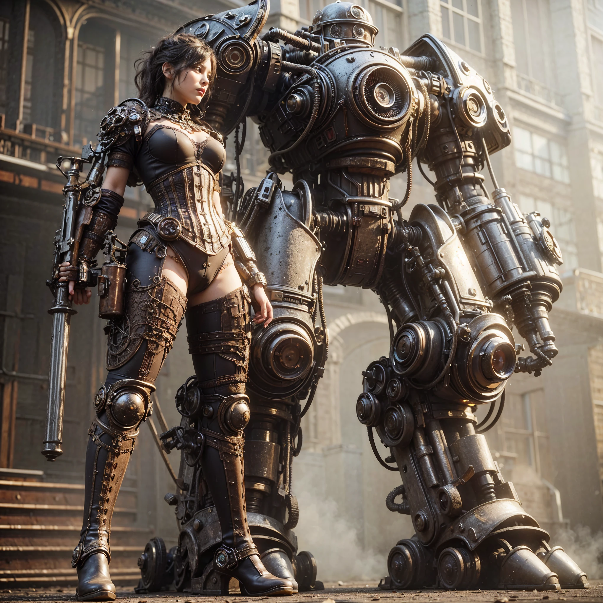 (masterpiece, best quality:1.2), (8k uhd, 16k, 32k, ultra high res), realistic photo, superrealism, (The main subject: Wide-angle lens), steampunk, beautiful female, (super beautiful face), legs, (Show on the(humongous)Power mechanical armor), (super intricate all details), (super realistic all textures),  metallic yellow color, hydraulic cylinder, Rust, scars from previous battles, (wwⅡ like)，Realistic metal mech,Standing in the street