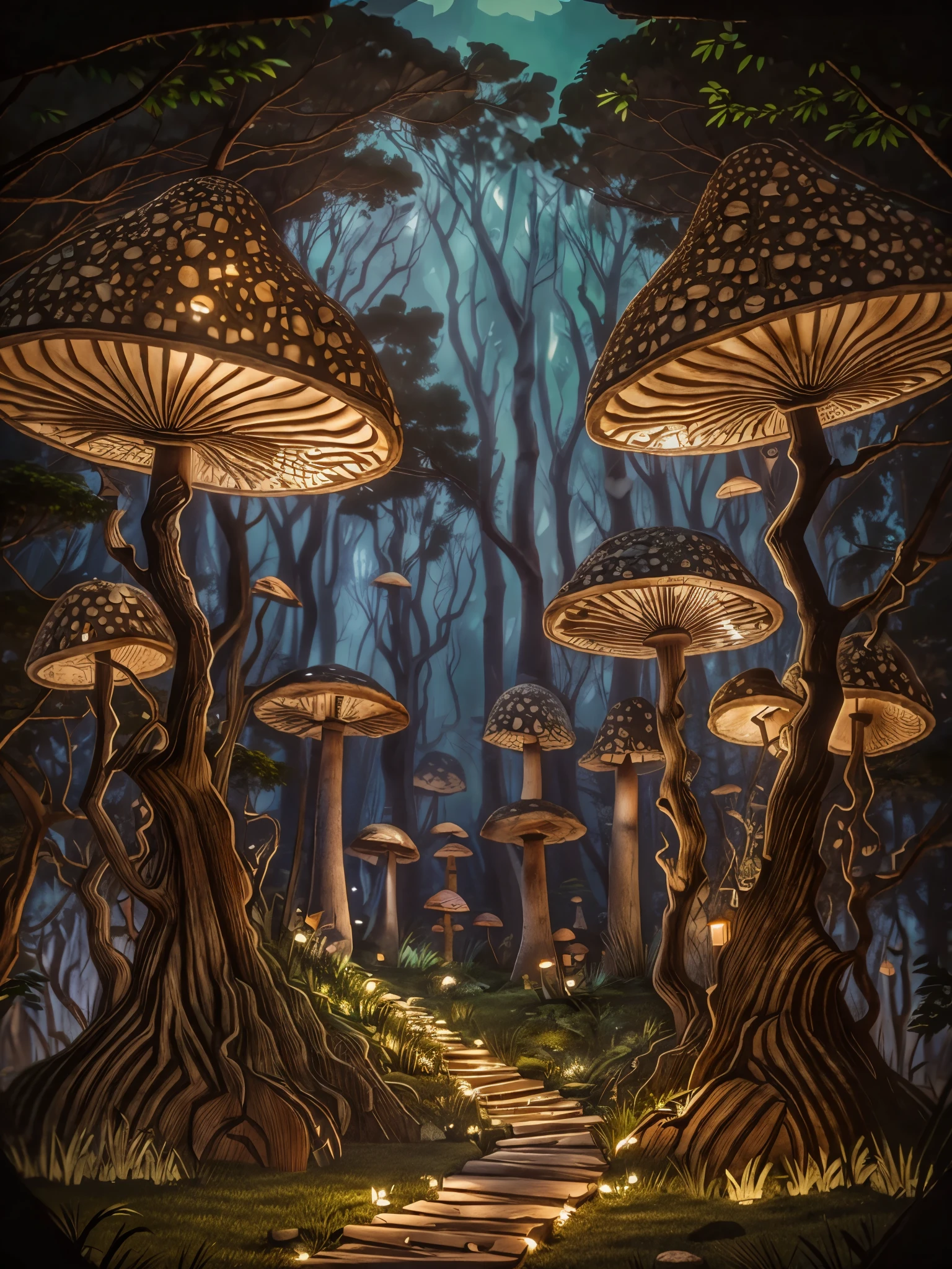 Fairy tail mushroom forest, breathtaking, stair path in the middle