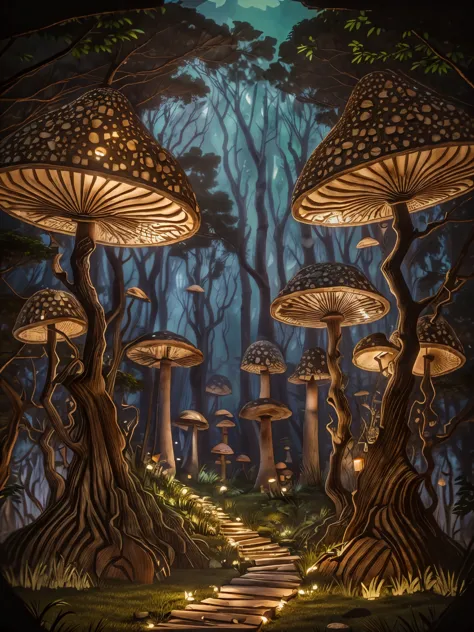 Fairy tail mushroom forest, breathtaking, stair path in the middle