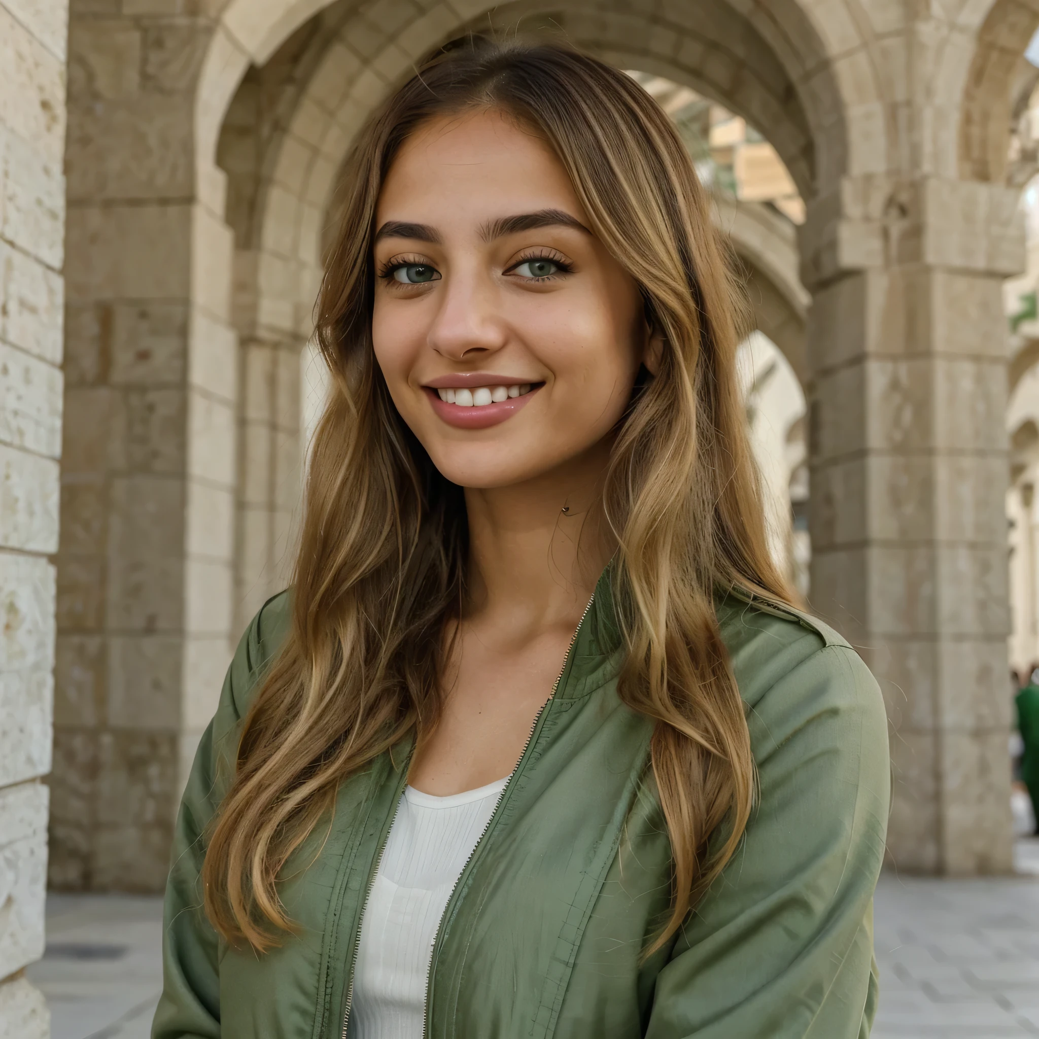 Arafed woman in green jacket standing in front of a stone archway - SeaArt  AI