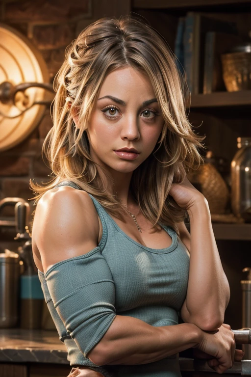 Kaley Cuoco, (texture de la peau:1.1), (high detail face:1.1), very cute, highly detailed body, highly detailed clothes, (masterpiece), (Realistic), ultra high def, 4K, ultra highres, photo par Arny Freytag, muscular, (flexing biceps:1.3), triceps, cleavage, 