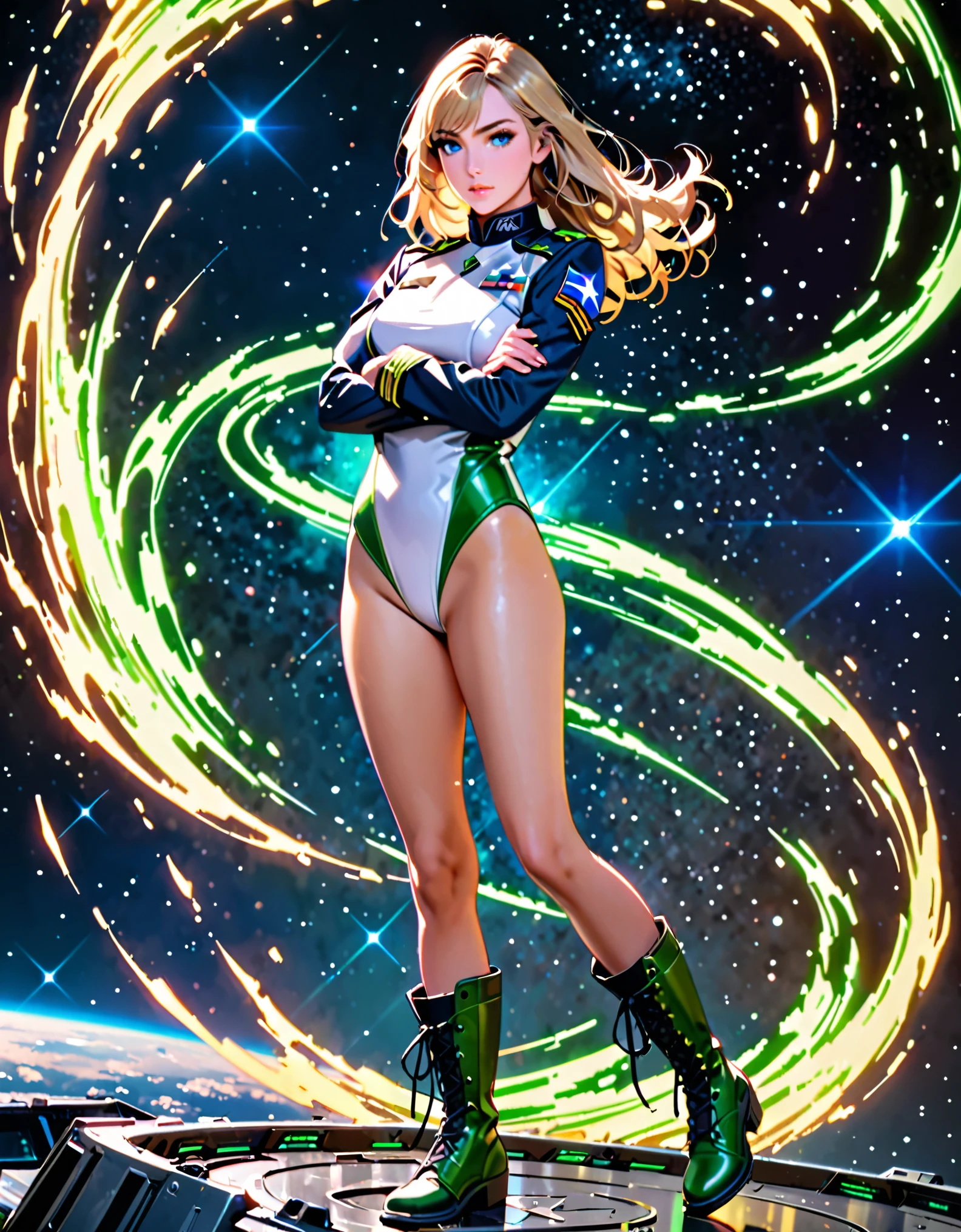 best quality, masterpiece, highres, solo, solo focus, 1lady, semi-realistic, floating, legs straight, blonde hair, blue eyes, beautiful detailed eyes, beautiful detailed face, (perfect hands), sexy us military officer, dressed in a green and white leotard, outer space backdrop, neon edge lighting, highly detailed, professional, bare legs, matching boots, ankle-high boots, full body shot, medium hair, hair down, crossed arms, (spins fast) in place like a (tornado), (spins) into a (cyclone). diffraction spikes light particles.
