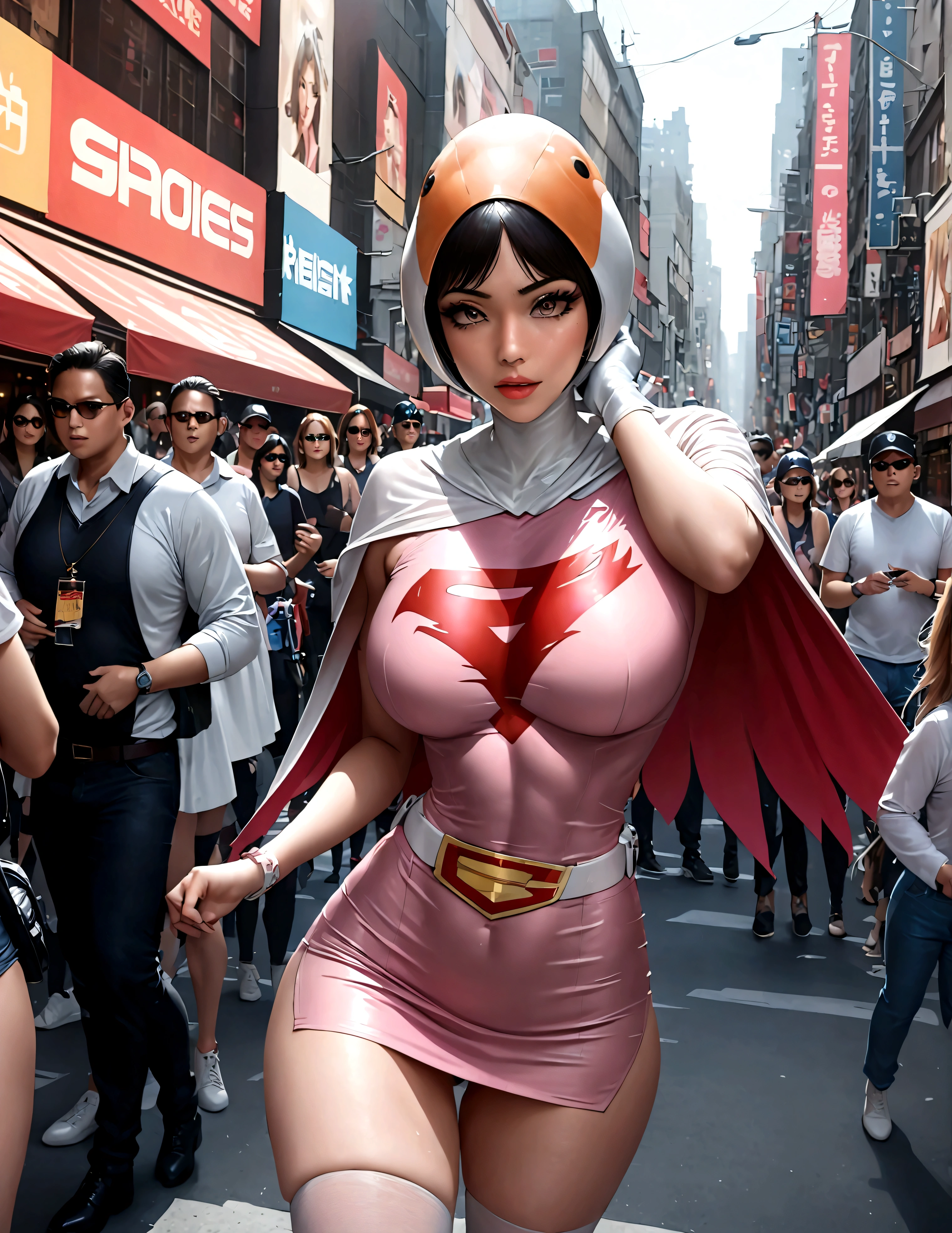 a girl in a gatchaman outfit, beautiful detailed eyes, beautiful detailed lips, extremely detailed eyes and face, long eyelashes, thick vertical striped pants, shopping in a busy street, medium: illustration, (best quality, 4k, 8k, highres, masterpiece:1.2), ultra-detailed, (realistic, photorealistic, photo-realistic:1.37), vibrant colors, dramatic lighting, cinematic composition, Hi3JTS, giga_busty,breasts