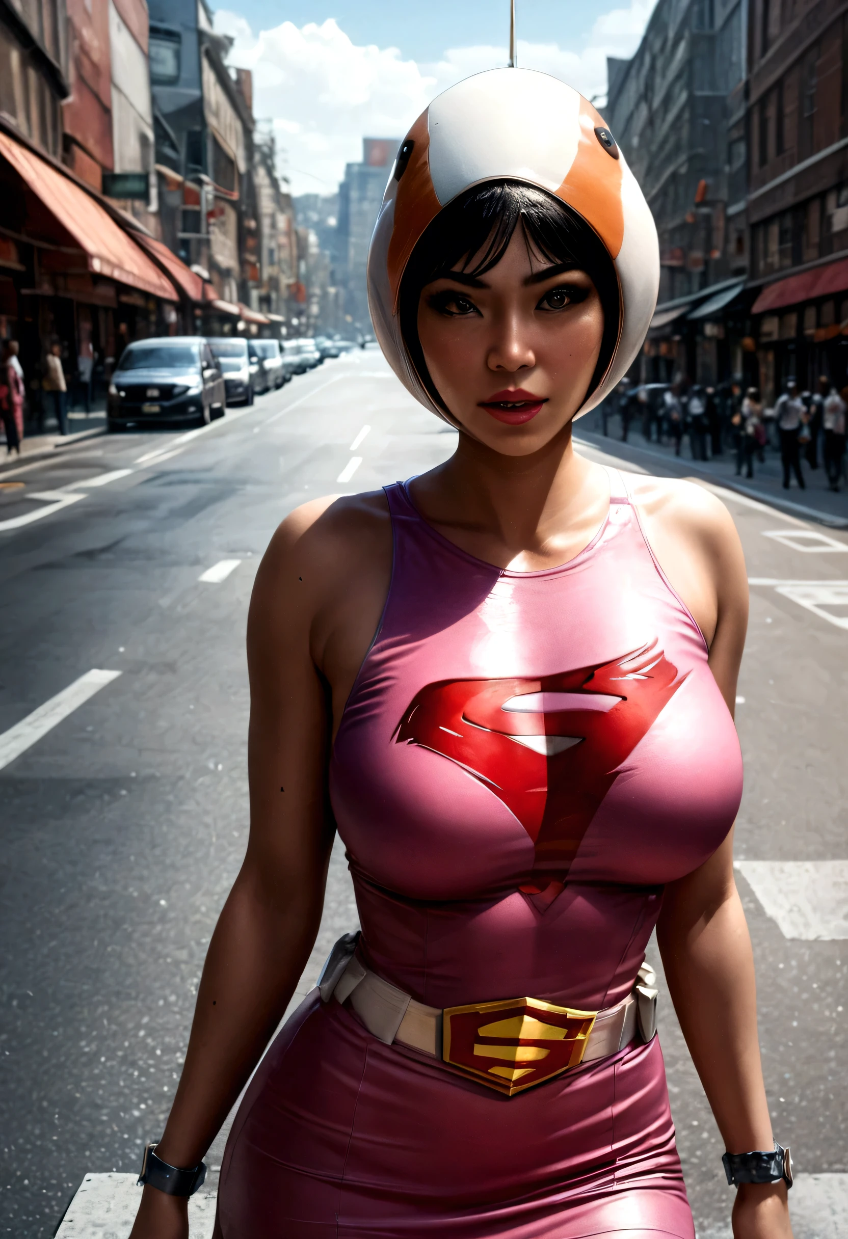 a girl in a gatchaman outfit, beautiful detailed eyes, beautiful detailed lips, extremely detailed eyes and face, long eyelashes, thick vertical striped pants, shopping in a busy street, medium: illustration, (best quality, 4k, 8k, highres, masterpiece:1.2), ultra-detailed, (realistic, photorealistic, photo-realistic:1.37), vibrant colors, dramatic lighting, cinematic composition, Hi3JTS, giga_busty,breasts