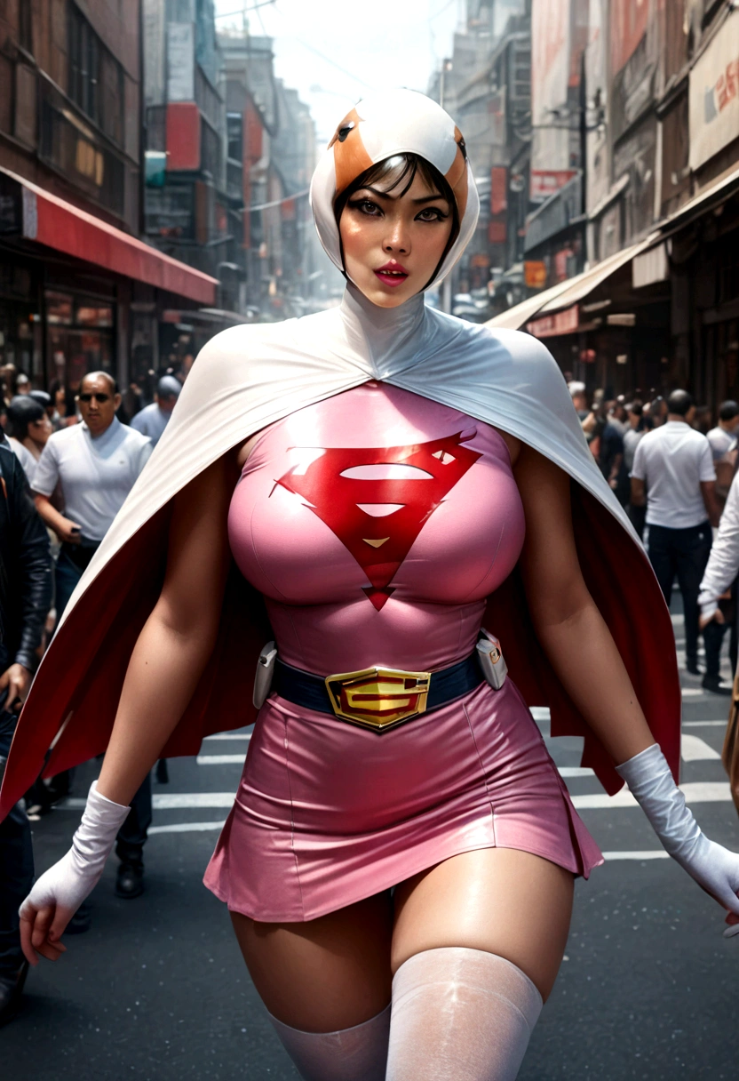 a girl in a gatchaman outfit, beautiful detailed eyes, beautiful detailed lips, extremely detailed eyes and face, long eyelashes, thick vertical striped pants, shopping in a busy street, medium: illustration, (best quality, 4k, 8k, highres, masterpiece:1.2), ultra-detailed, (realistic, photorealistic, photo-realistic:1.37), vibrant colors, dramatic lighting, cinematic composition, Hi3JTS, giga_busty,breasts