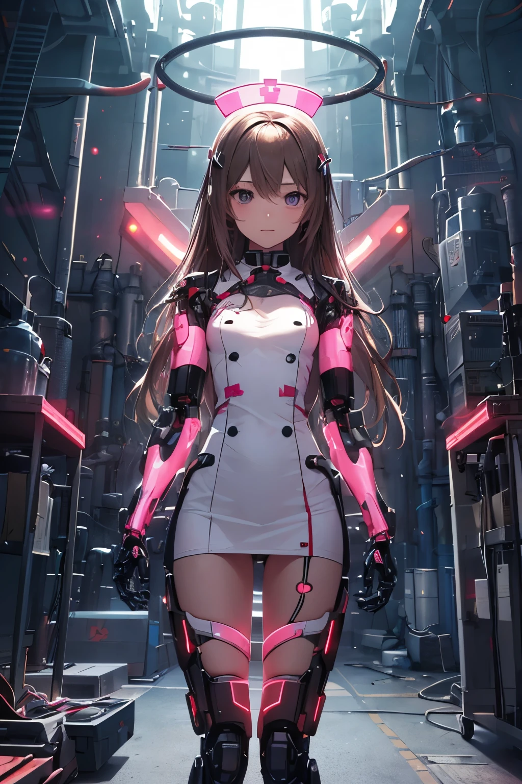   girl ,girl 12 year old  , futuristic nurse dress ,flat  chest ,long brown hair frinje ,(loli body), mechanic-headband, pink leds , light halo,   quality, 8k ,nurse uniform , Cyborg arms. Mechanical Limbs Metal,  Mechanical legs .Power cablles conected in machine. Circuitos . 