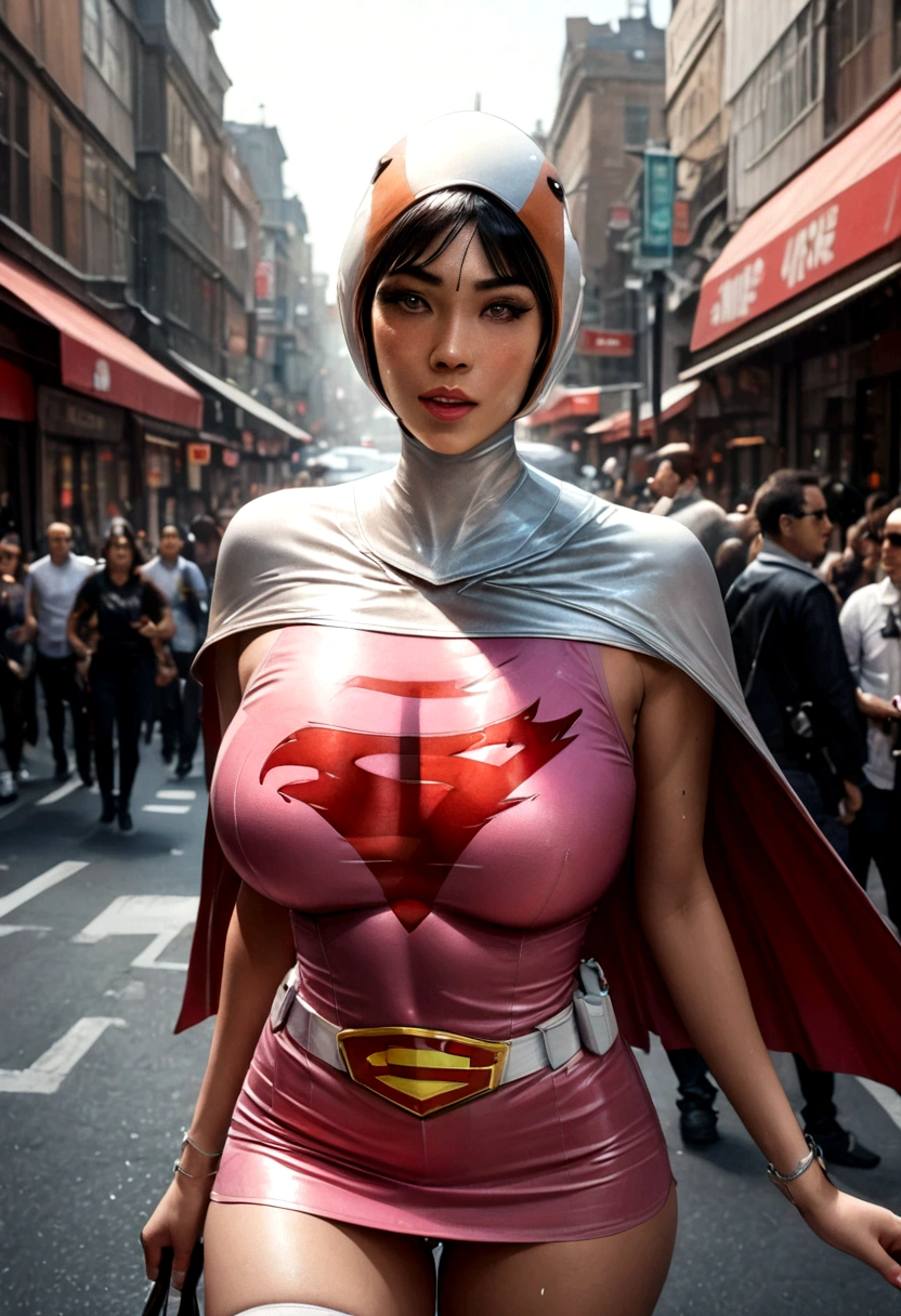 a girl in a gatchaman outfit, beautiful detailed eyes, beautiful detailed lips, extremely detailed eyes and face, long eyelashes, thick vertical striped pants, shopping in a busy street, medium: illustration, (best quality, 4k, 8k, highres, masterpiece:1.2), ultra-detailed, (realistic, photorealistic, photo-realistic:1.37), vibrant colors, dramatic lighting, cinematic composition, Hi3JTS, giga_busty,breasts