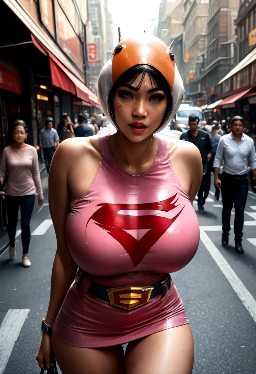 a girl in a gatchaman outfit, beautiful detailed eyes, beautiful detailed lips, extremely detailed eyes and face, long eyelashes, thick vertical striped pants, shopping in a busy street, medium: illustration, (best quality, 4k, 8k, highres, masterpiece:1.2), ultra-detailed, (realistic, photorealistic, photo-realistic:1.37), vibrant colors, dramatic lighting, cinematic composition, Hi3JTS, giga_busty,breasts