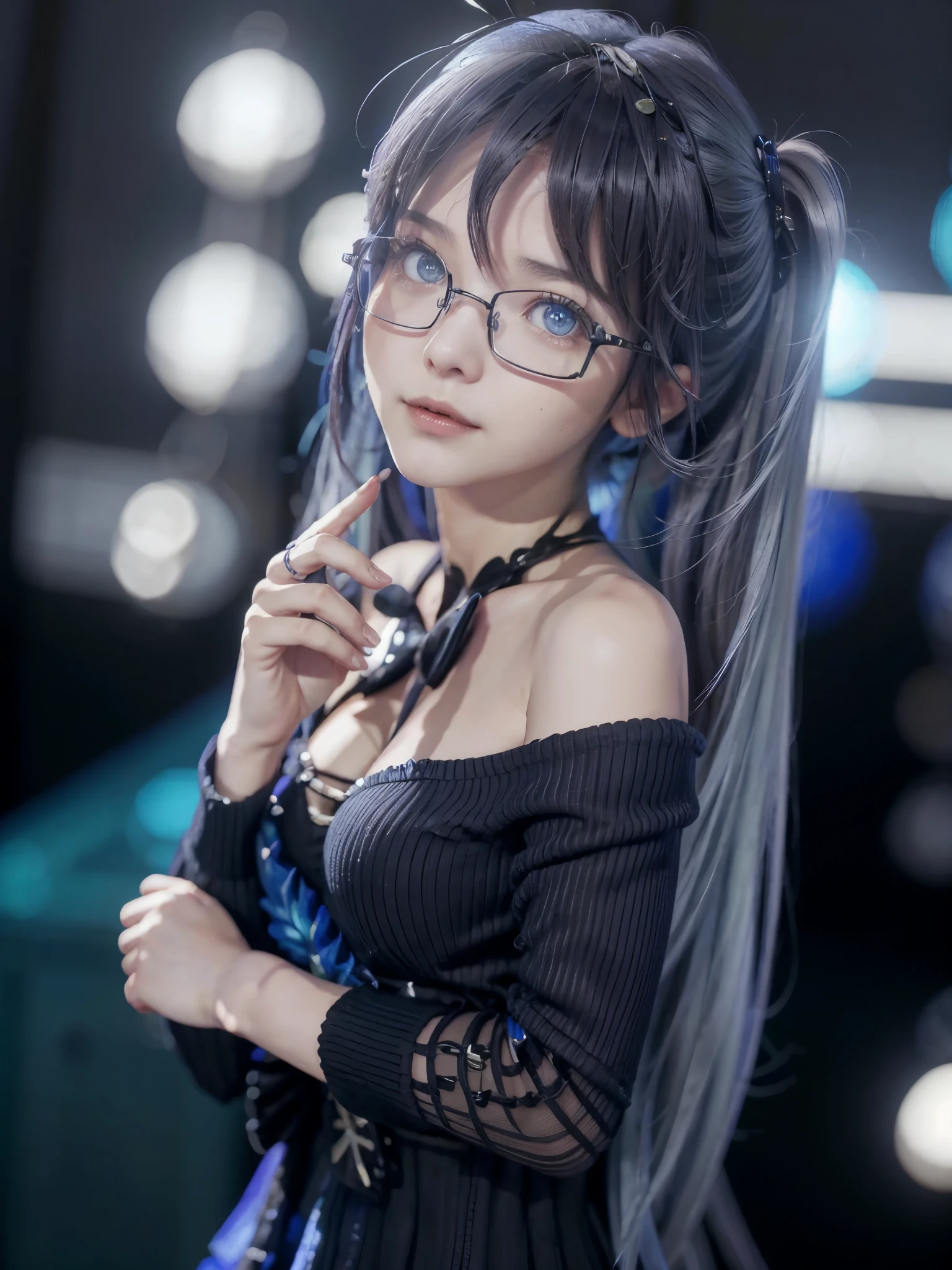 Hot Hatsune Miku Extraordinary Beauty、sozinho, enorme , Olhando para o espectador, Ombros nus, olhos azuis claros e brilhantes, gem, corpo todo, colar, fora do ombro, black sweater, realista, Sexy 8k、wearing glasses、Brilho de bochecha、Beleza de rosto pequeno、pfotorealistic, Highresolution, 1 woman, white-haired, Korean, Heterochromia eyes, Small moles under the eyes,outdoor