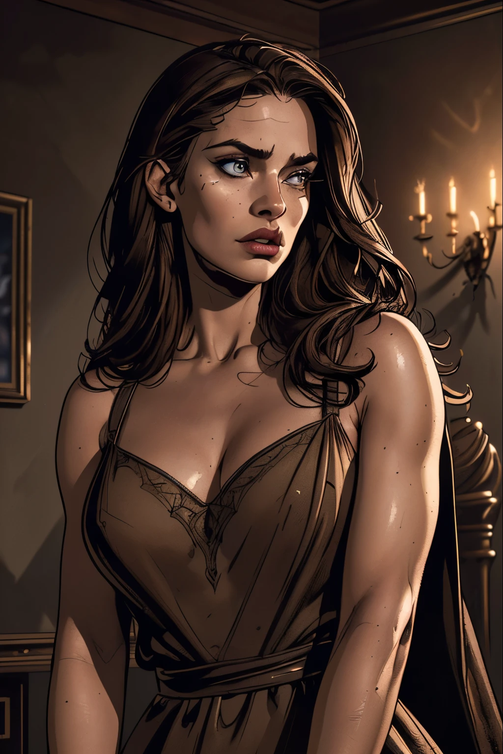 1girl, detailed face, beautiful detailed eyes, beautiful detailed lips, long brown hair, dark dress, elegant, moody lighting, dramatic lighting, cinematic, photographic, hyper detailed, 8k, ultra-detailed, masterpiece, (best quality,4k,8k,highres,masterpiece:1.2),ultra-detailed,(realistic,photorealistic,photo-realistic:1.37)