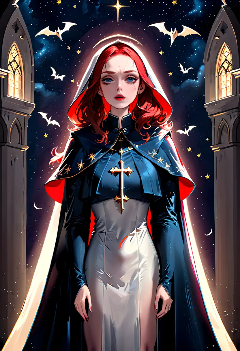 a picture of an exquisite beautiful female nun vampire standing under the starry night sky on the porch of her monastery, ultra ...