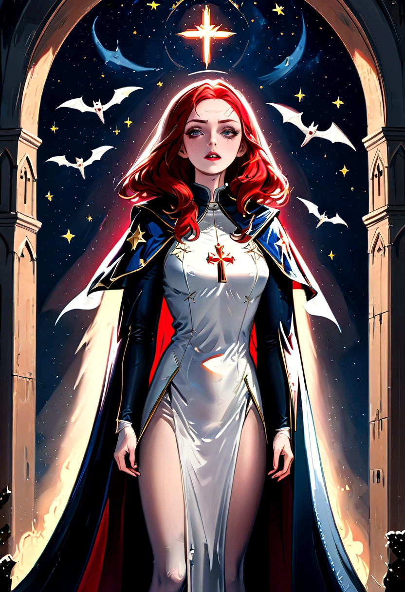 a picture of an exquisite beautiful female nun vampire standing under the starry night sky on the porch of her monastery, ultra feminine, (pale skin: 1.3), red hair, wavy hair, dynamic eyes color, cold eyes, glowing eyes, intense eyes, dark red lips, ((fangs: 1.1)), wearing (white nun tight וuniform: 1.3), wearing (blue cloak: 1.3), long cloak, flowing cloak, wearing (high heeled boots: 1.3), sky full of stars background, moon, bats flying about, action shot, high details, best quality, 16k, ((ultra detailed: 1.5)), masterpiece, best quality, portrait shot, photorealism, dark fantasy art, gothic art, many stars, sense of dread, GlowingRunesAI_red, Cinematic Hollywood Film style, dark novel