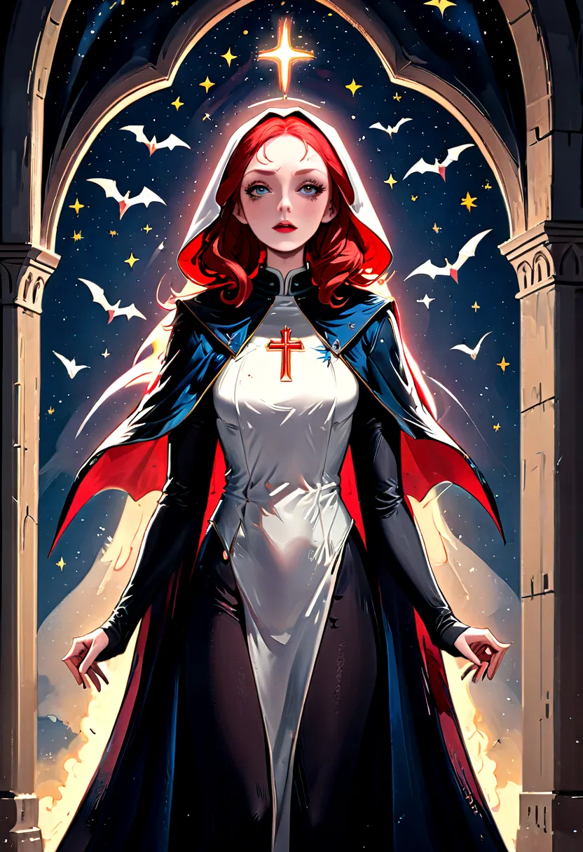 a picture of an exquisite beautiful female nun vampire standing under the starry night sky on the porch of her monastery, ultra ...