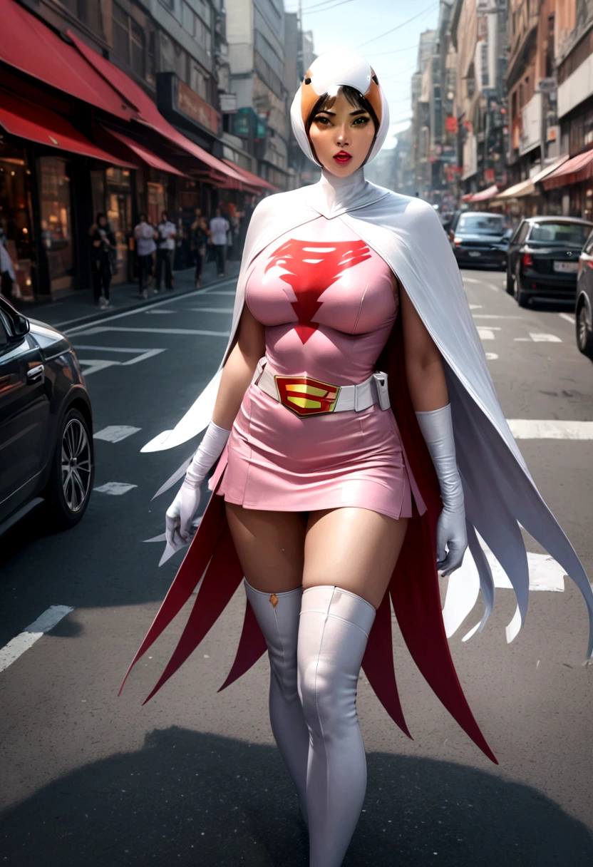 a girl in a gatchaman outfit, white long gloves, white long boots, beautiful detailed eyes, beautiful detailed lips, extremely detailed eyes and face, long eyelashes, thick vertical striped pants, shopping in a busy street, medium: illustration, (best quality, 4k, 8k, highres, masterpiece:1.2), ultra-detailed, (realistic, photorealistic, photo-realistic:1.37), vibrant colors, dramatic lighting, cinematic composition, Hi3JTS, giga_busty,breasts