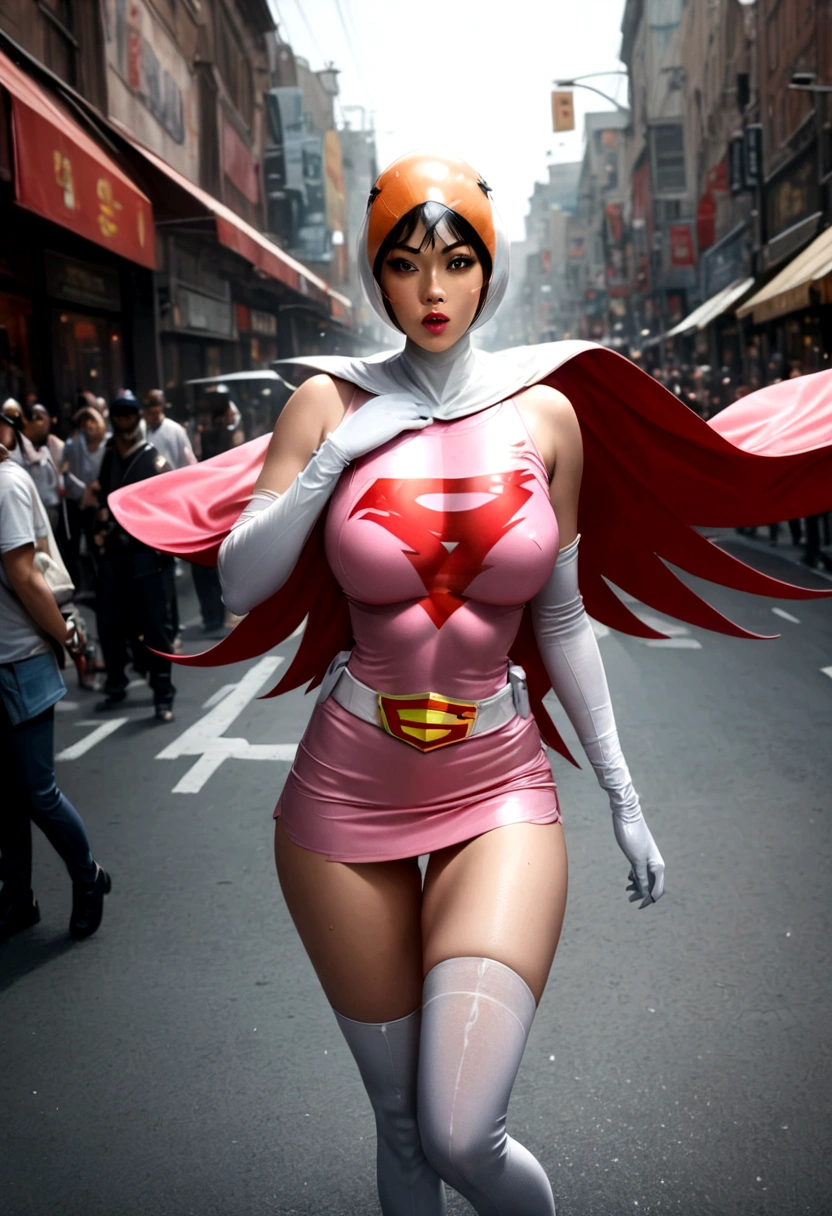 a girl in a gatchaman outfit, white long gloves, white long boots, beautiful detailed eyes, beautiful detailed lips, extremely detailed eyes and face, long eyelashes, thick vertical striped pants, shopping in a busy street, medium: illustration, (best quality, 4k, 8k, highres, masterpiece:1.2), ultra-detailed, (realistic, photorealistic, photo-realistic:1.37), vibrant colors, dramatic lighting, cinematic composition, Hi3JTS, giga_busty,breasts