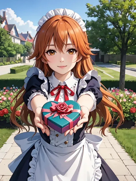outdoor、garden、Konoe、Holding a heart-shaped gift box with a ribbon and a rose、victorian maid outfit、Closed Mouth、smile、(Real、Pho...