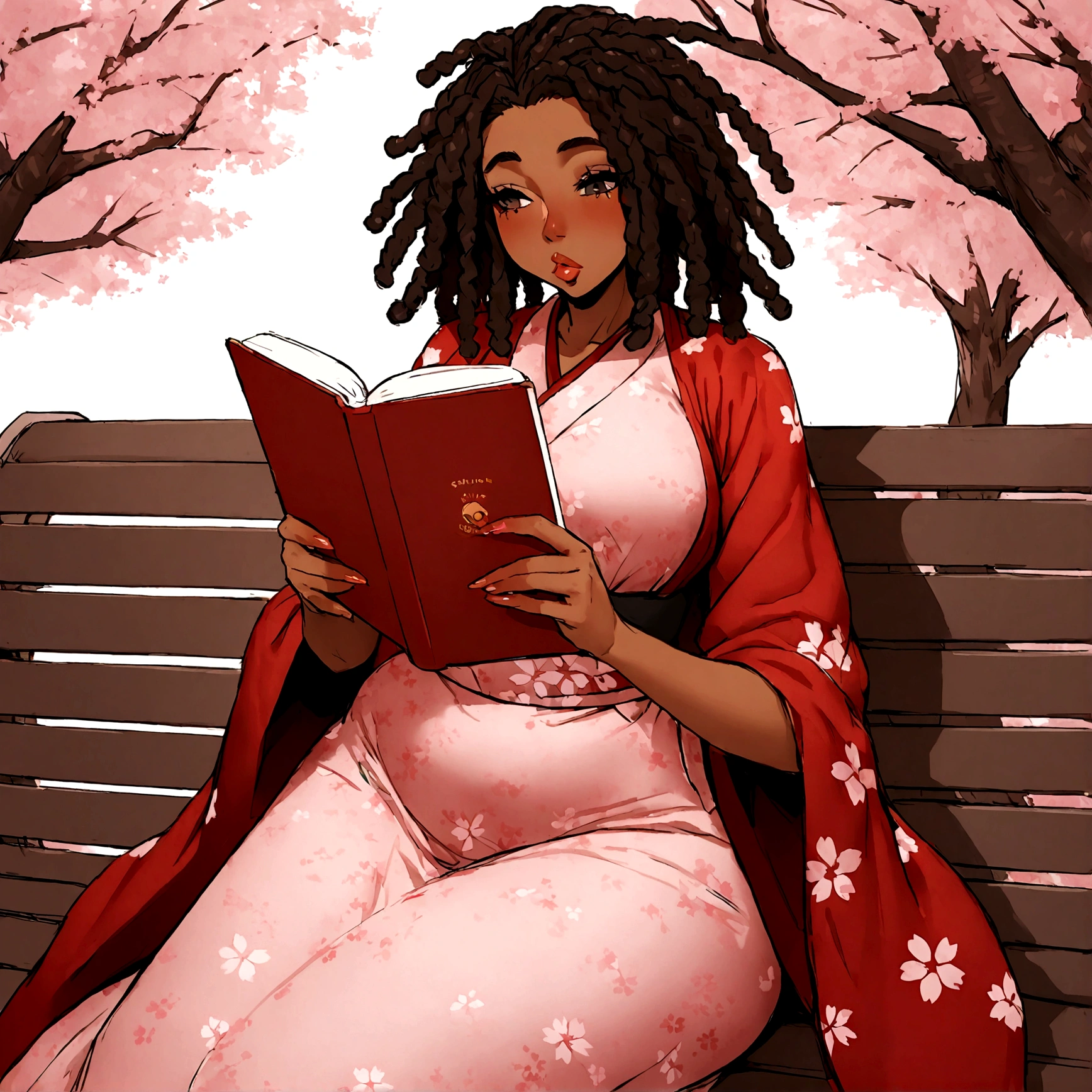 a sexy, curvy ebony skinned milf with long red dreadlocks in a flowing sakura dress on a bench reading a book, big monkey lips