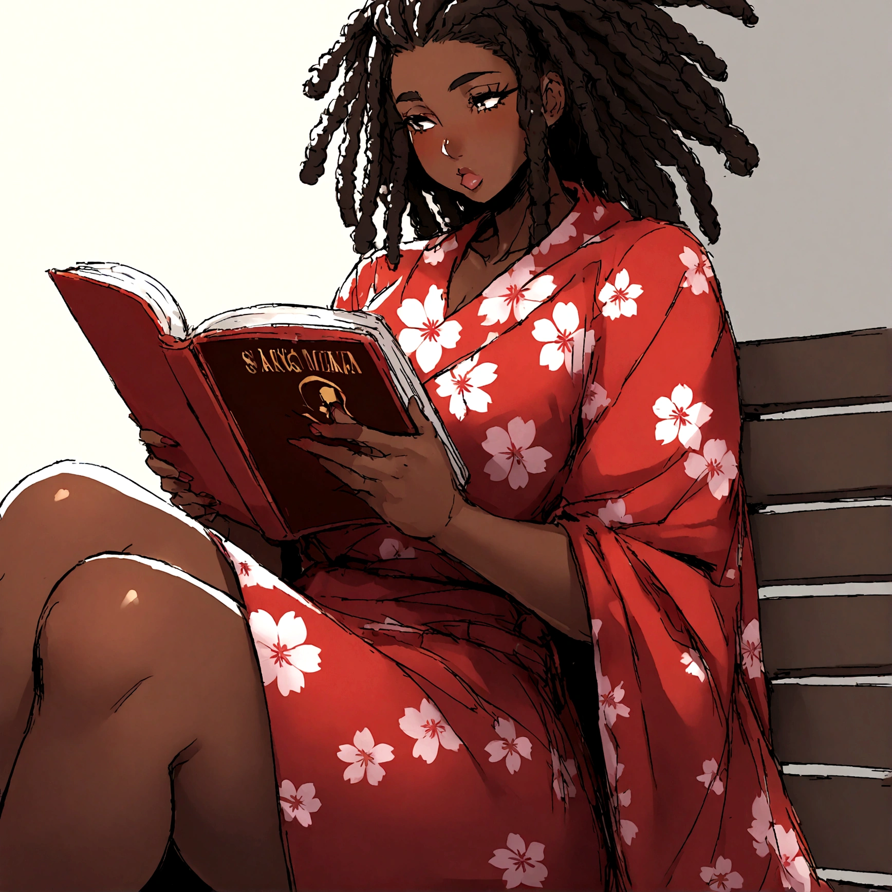 a sexy, curvy ebony skinned milf with long red dreadlocks in a flowing sakura dress on a bench reading a book, big monkey lips