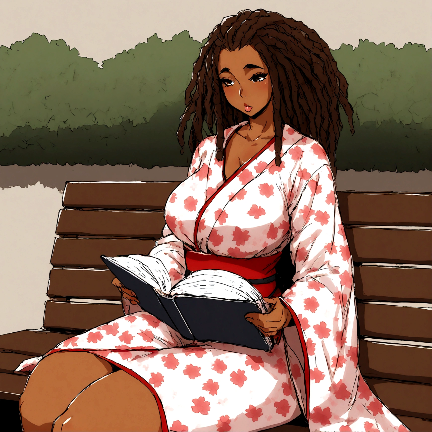 A sexy, curvy ebony skinned milf with long red dreadlocks in a flowing  sakura dr - SeaArt AI